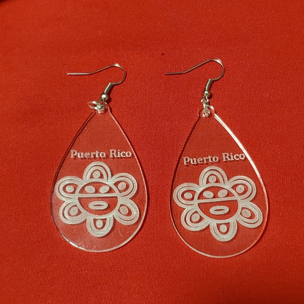 Acrylic Earrings Puerto Rico Taino Sun Engraved